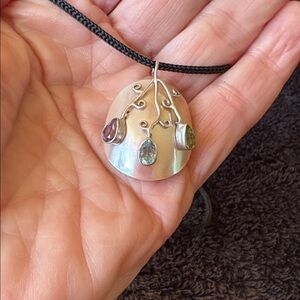 Sterling Silver Mother-of-Pearl Pendant Necklace with Multicolor Gem Drops.